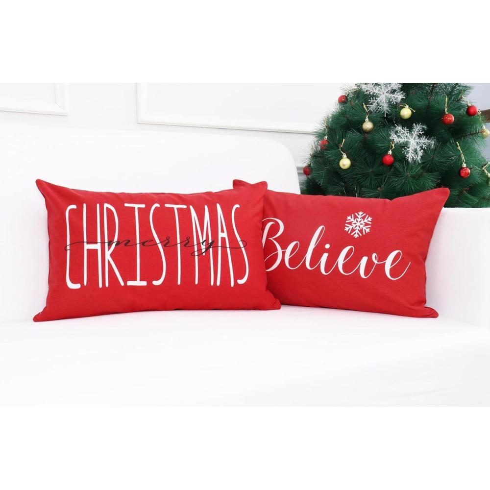 imagePurpleEssences 12x20In Christmas Pillow Covers Set of 2 Winter Holiday Red Pillow Covers Washable Christmas Throw Pillow Covers Believe and Merry ChristmasRed  Believe and Merry Christmas