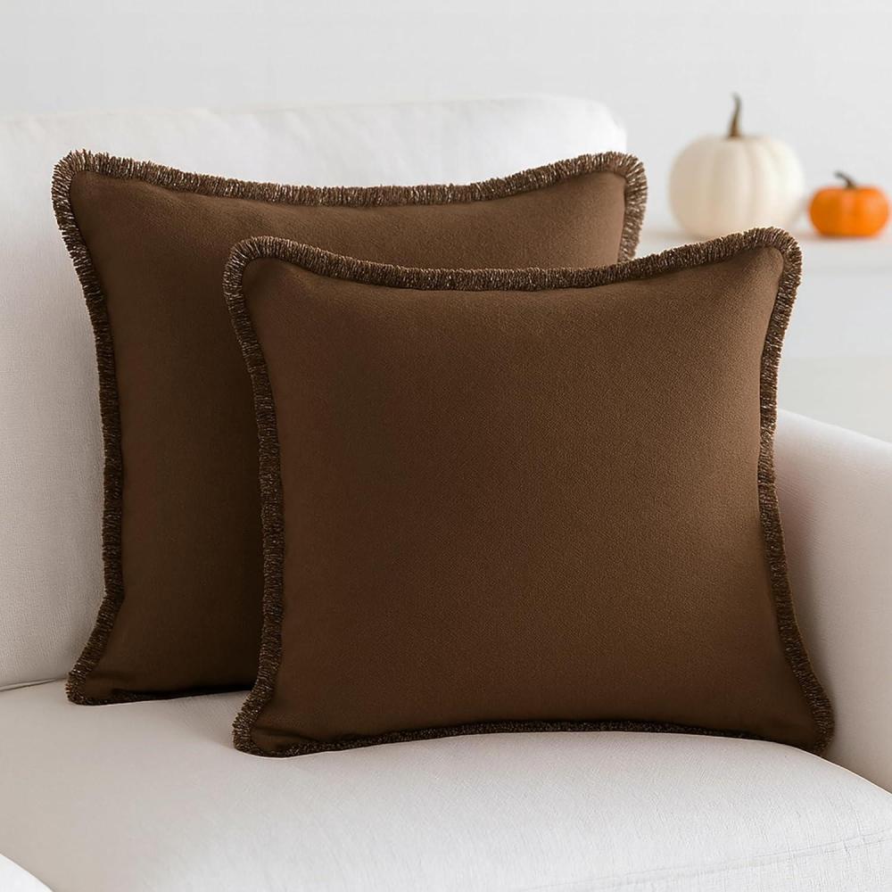 imagePurpleEssences 2 Pack Boho Cotton Fringe Throw Pillow Covers Decorative Cushion Covers with Tassels for Couch Sofa Bed Farmhouse Home Dcor Fall Thanksgiving  Royal LinenNut Brown