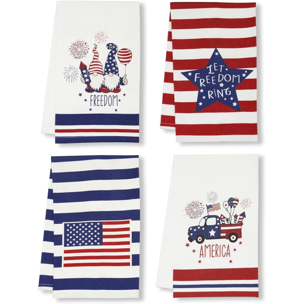 imagePurpleEssences 4th of July Assorted Kitchen Towels 100 Cotton  Pack of 418x28 Inches  Independence Day Indoor Decorations  Labor Day  Let Freedom Ring Stripe Flag AmericaLet Freedom Ring Stripe Flag America