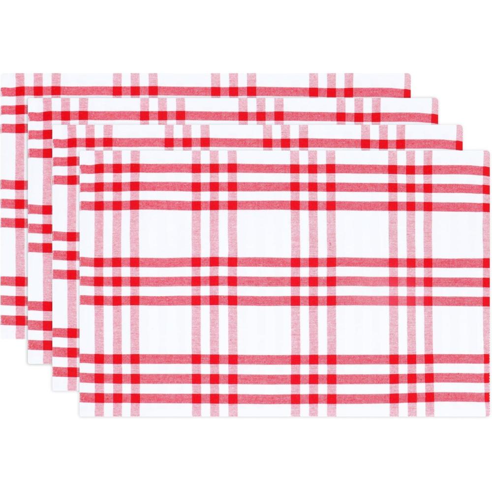 imagePurpleEssences 4th of July Buffalo Plaid Placemats Set of 4 Washable Spill Proof Double Layer Woven Checkered placemat for Dining Table and Kitchen  13 x 19 Inch  Labor Day  Red Blue and WhiteHomestead Plaid  Red and White