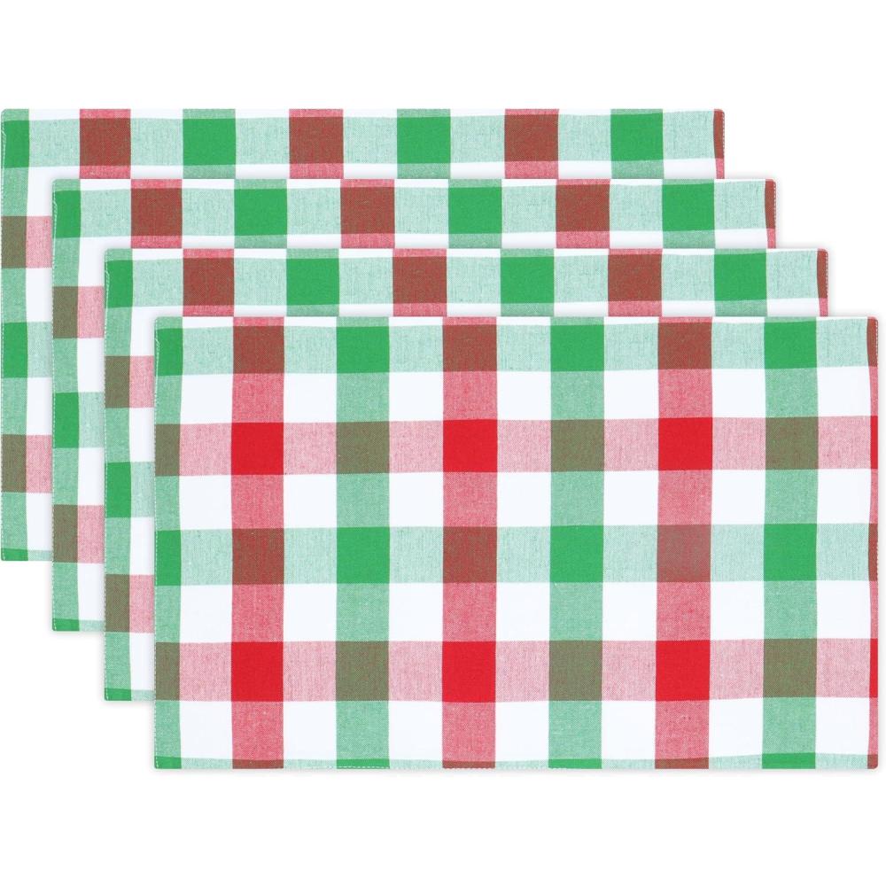 imagePurpleEssences 4th of July Buffalo Plaid Placemats Set of 4 Washable Spill Proof Double Layer Woven Checkered placemat for Dining Table and Kitchen  13 x 19 Inch  Labor Day  Red Blue and WhiteRed Green and White