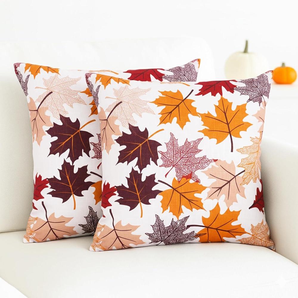 imagePurpleEssences Autumn Decorations Fall Porch Outdoor Throw Pillow Covers Dcor Maple Leaves Farmhouse Cushion Cases 16 x 16 Inch Set of 2 for Home Couch Sofa Patio Bench  Maple LeavesMaple Leaves