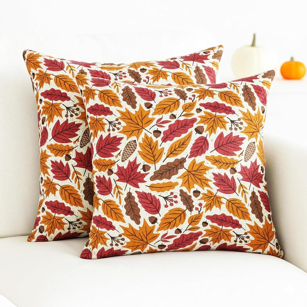 imagePurpleEssences Autumn Decorations Fall Porch Outdoor Throw Pillow Covers Dcor Maple Leaves Farmhouse Cushion Cases 18 x 18 Inch Set of 2 for Home Couch Sofa Patio Bench  Autumn LeavesFall Garden
