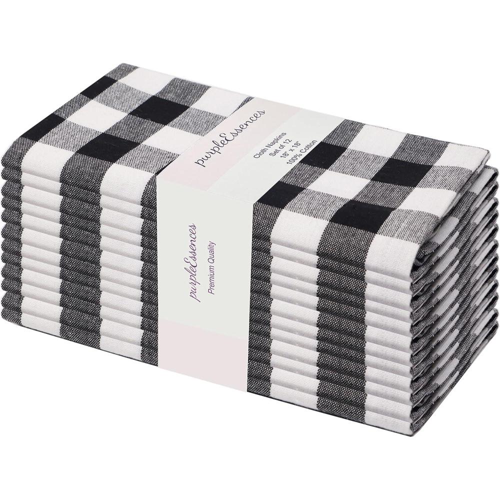 imagePurpleEssences Buffalo Plaid Cloth Napkins  Mitered Corners  4th of July Gingham Check Dinner Napkin  Set of 12100 Cotton  18x18 Inch  Reusable Washable  Labor Day  Red White BlueBlack White