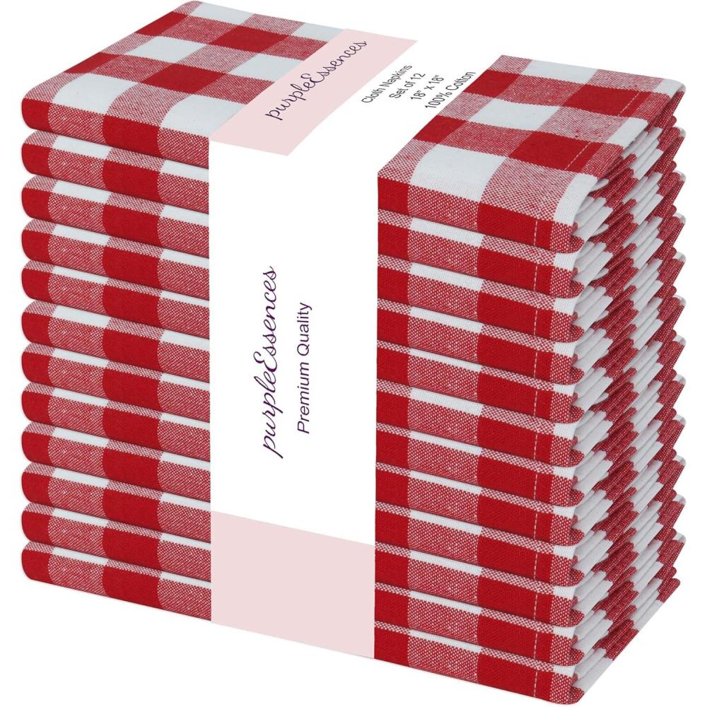 imagePurpleEssences Buffalo Plaid Cloth Napkins  Mitered Corners Fall Thanksgiving Gingham Check Dinner Napkin  Set of 12100 Cotton  18x18 Inch  Reusable Washable  Nut Brown and Half WhiteRed White