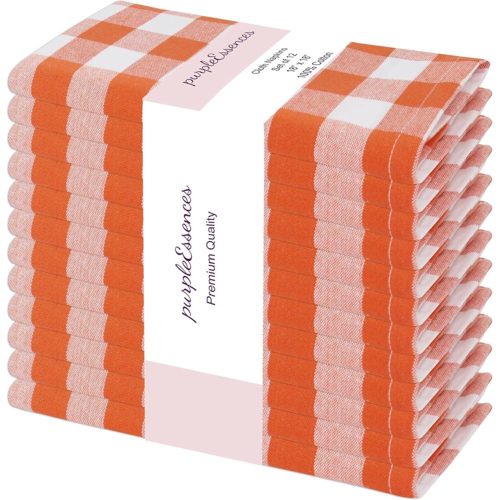 imagePurpleEssences Buffalo Plaid Cloth Napkins  Mitered Corners Fall Thanksgiving Gingham Check Dinner Napkin  Set of 12100 Cotton  18x18 Inch  Reusable Washable  Nut Brown and Half WhiteOrange White