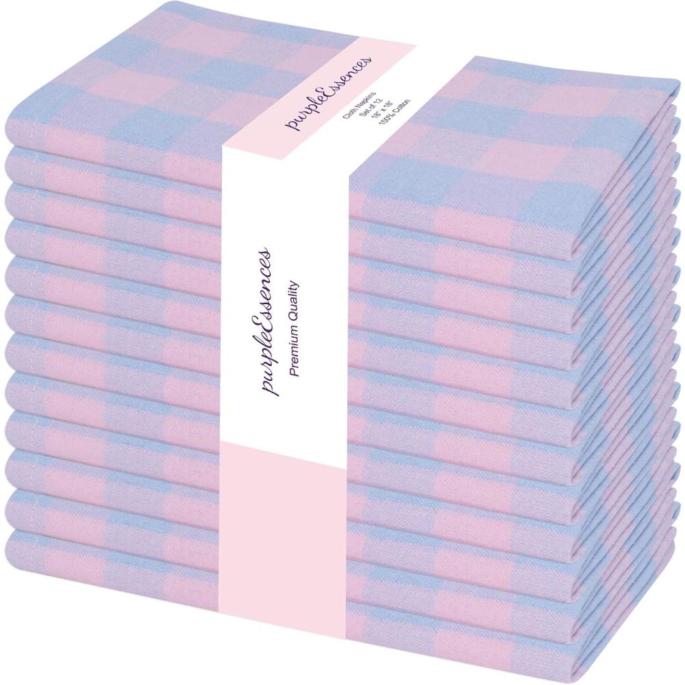 imagePurpleEssences Buffalo Plaid Cloth Napkins  Mitered Corners Fall Thanksgiving Gingham Check Dinner Napkin  Set of 12100 Cotton  18x18 Inch  Reusable Washable  Nut Brown and Half WhiteLight Blue Blush Pink