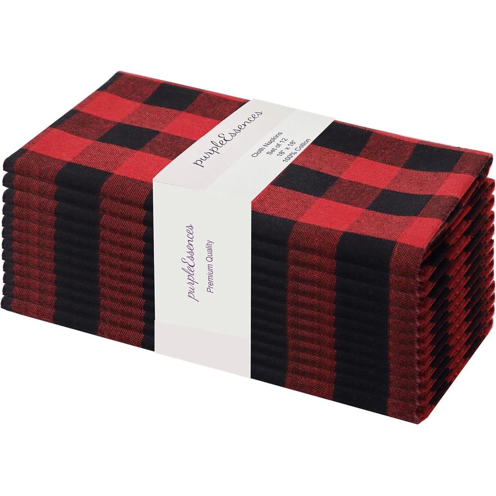 imagePurpleEssences Buffalo Plaid Cloth Napkins  Mitered Corners Fall Thanksgiving Gingham Check Dinner Napkin  Set of 12100 Cotton  18x18 Inch  Reusable Washable  Nut Brown and Half WhiteRed Black