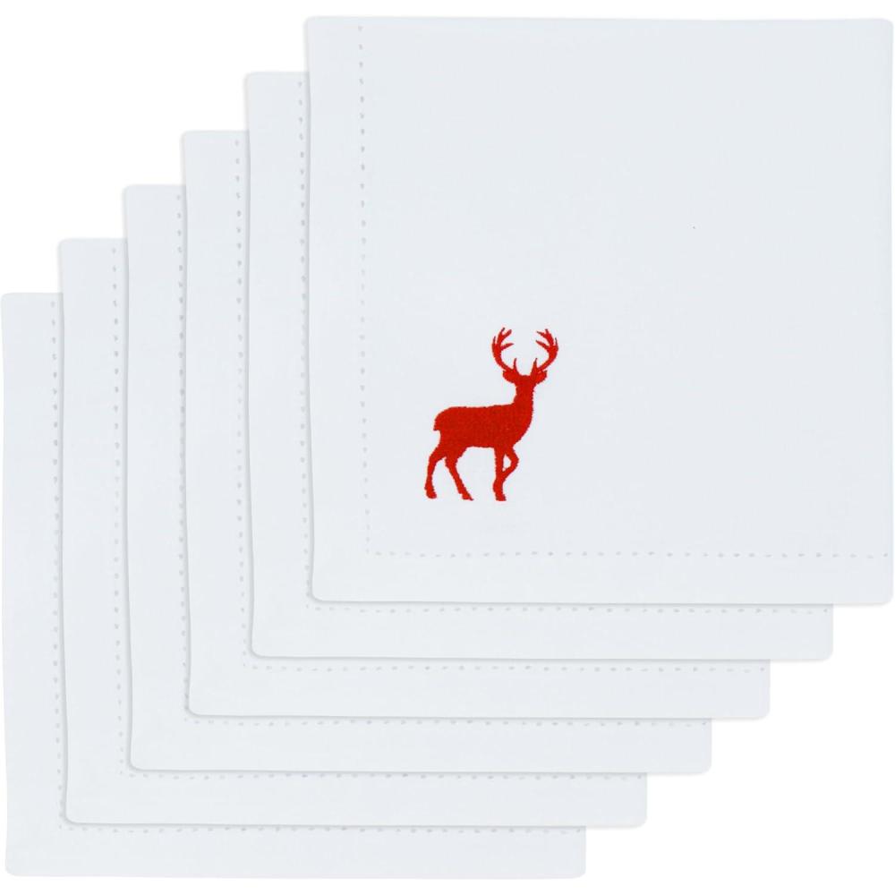 imagePurpleEssences Christmas Embroidered Hemstitch 100 Cotton Napkin for Holidays Family Gatherings ampamp Dinner  Set of 618x18 inch  Red  SnowflakesWhite  Reindeer