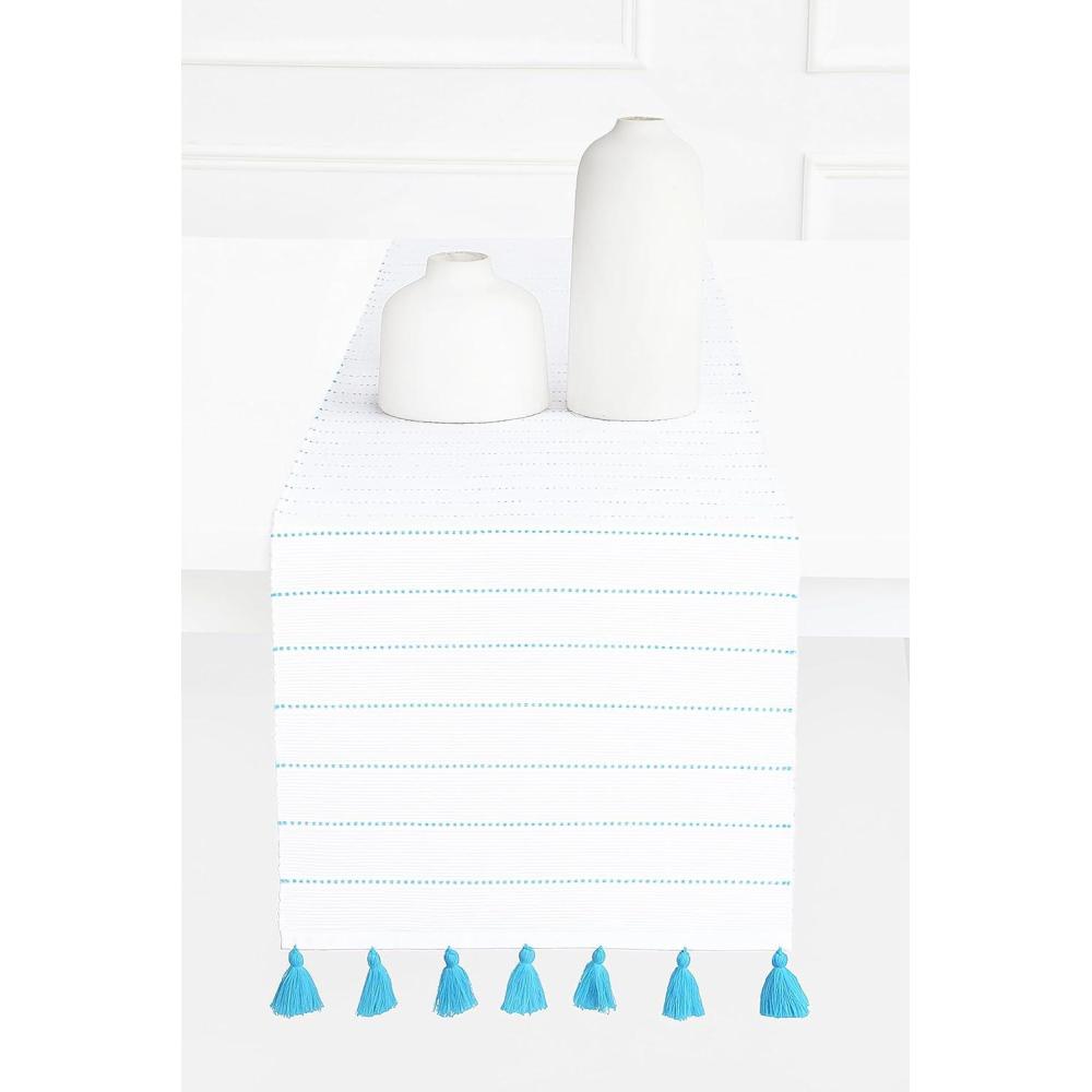 imagePurpleEssences Dobby Stripe Ribbed Woven Table Runner with MultiTassels Farmhouse Dining Room Decor  Fall Thanksgiving  14 x 90 Inch  Red and WhiteAqua Blue and White