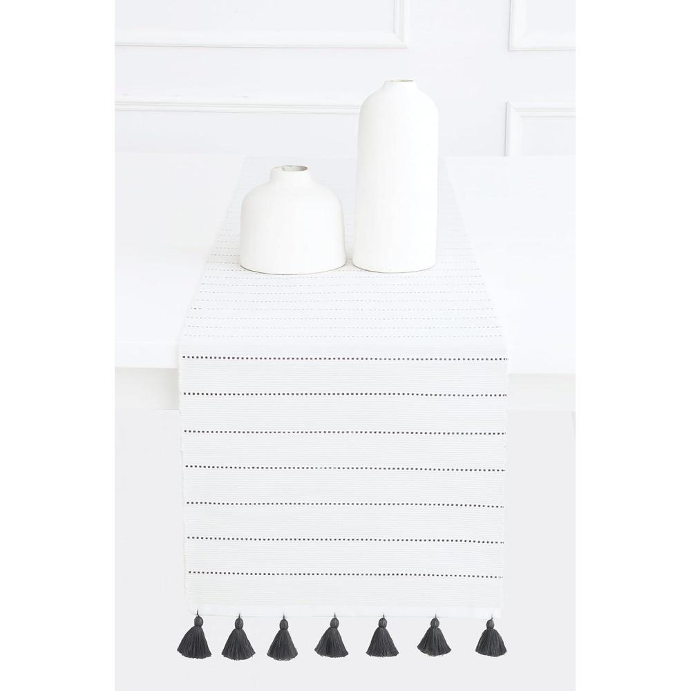 imagePurpleEssences Dobby Stripe Ribbed Woven Table Runner with MultiTassels Farmhouse Dining Room Decor  Fall Thanksgiving  14 x 90 Inch  Red and WhiteGray and Hwhite