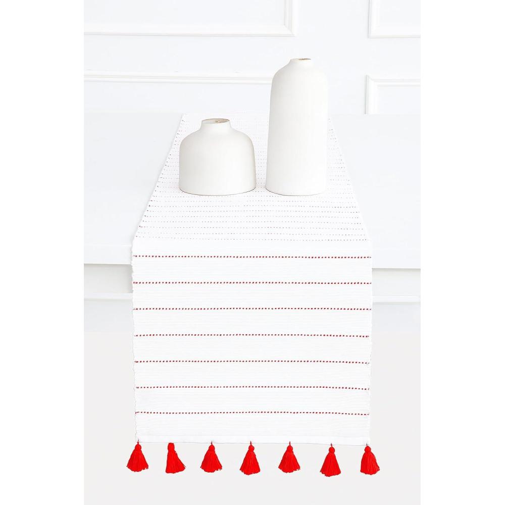 imagePurpleEssences Dobby Stripe Ribbed Woven Table Runner with MultiTassels Farmhouse Dining Room Decor  Fall Thanksgiving  14 x 90 Inch  Red and WhiteRed and White