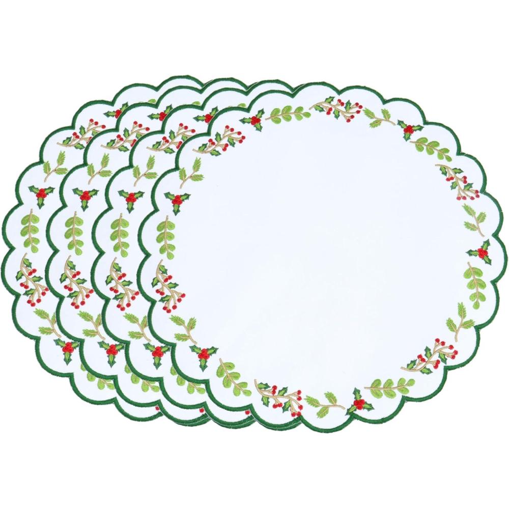 imagePurpleEssences Embroidered Christmas Round Placemats Set of 4 15 Inch Winter Round Table Mats for Dining Decoration Red Green Edges Green 15quot DiaRed Green Edges Green