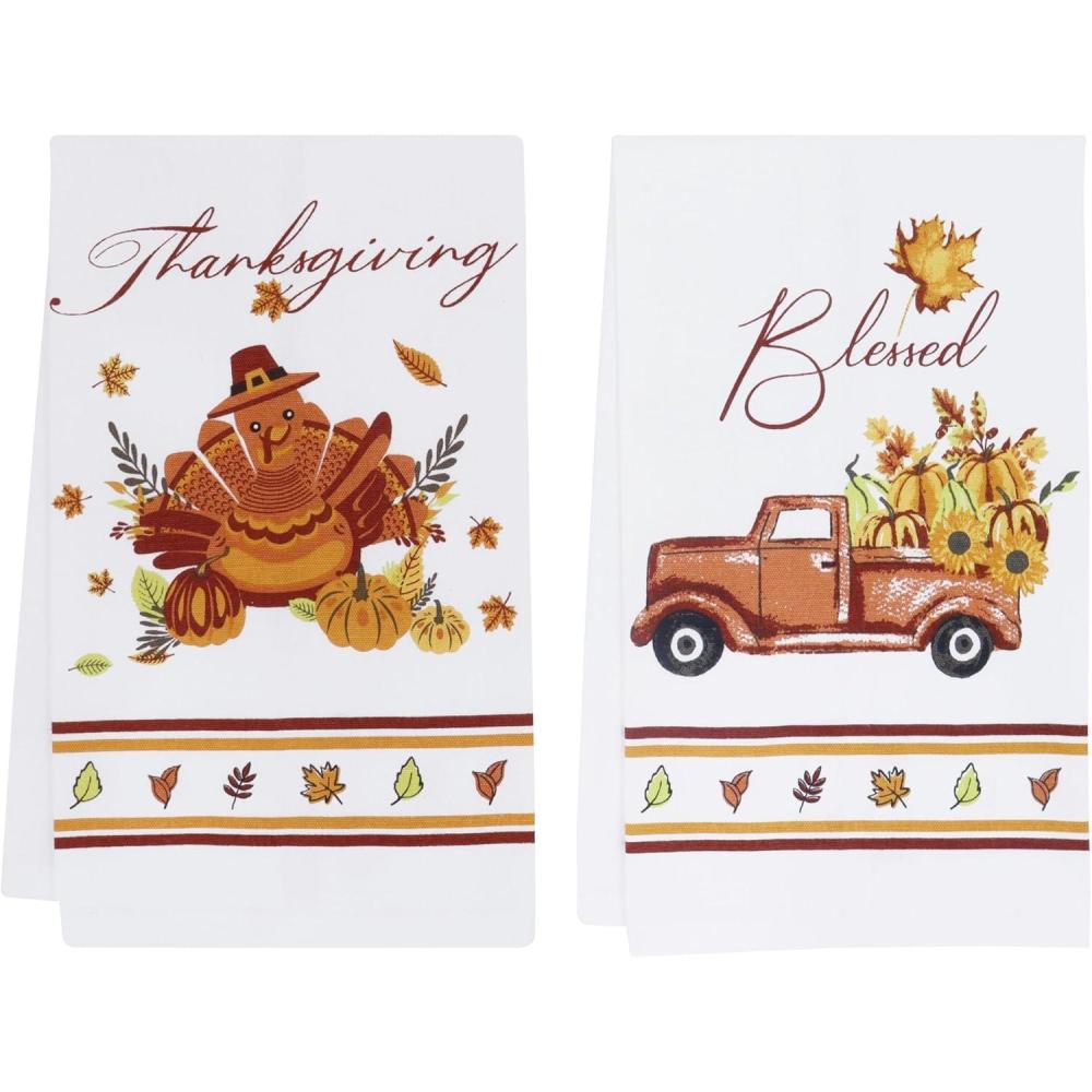 imagePurpleEssences Fall Cotton Kitchen Towels Set of 2  Absorbent Dish Towels Set Tea Towels Bar Towels Multi Purpose Kitchen Linen Drying Dish Hand Towels 16 x 28 Inch Turky ampamp TruckTurky  Truck