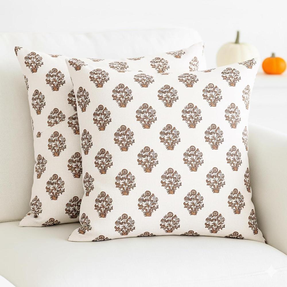 imagePurpleEssences Fall Pillow Covers 18x18  Set of 2 Autumn Throw Cushion Cases with Autumn Leaves  Farmhouse Thanksgiving Decor for Sofa Couch Home or Outdoor Use Jora 18 x 18 InchGoldenrod Beige