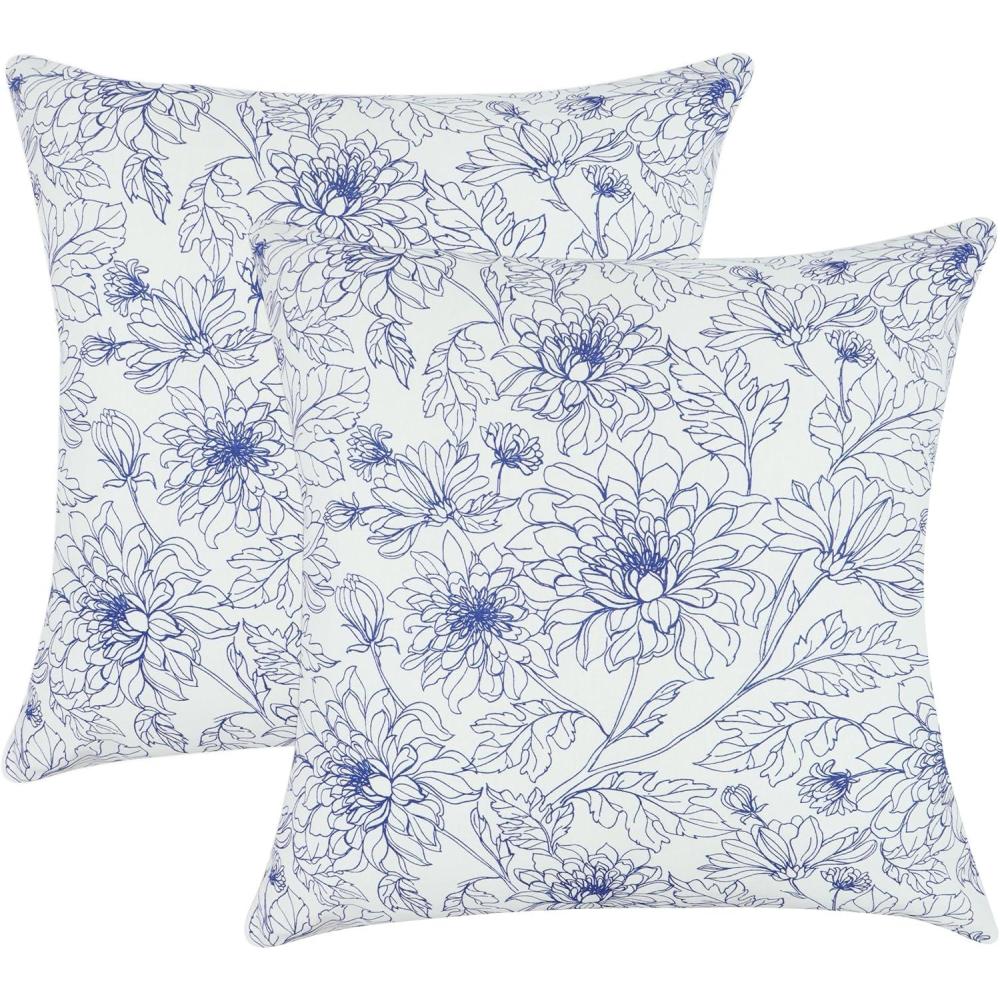 imagePurpleEssences Floral Pillow Covers Flower Blue Cream Decorative Throw Pillow Covers Set of 2 Chinoiserie 100 Cotton  Spring Summer Easter  18 x 18 Inch  BlueCreamBlue Floral  BlueCream