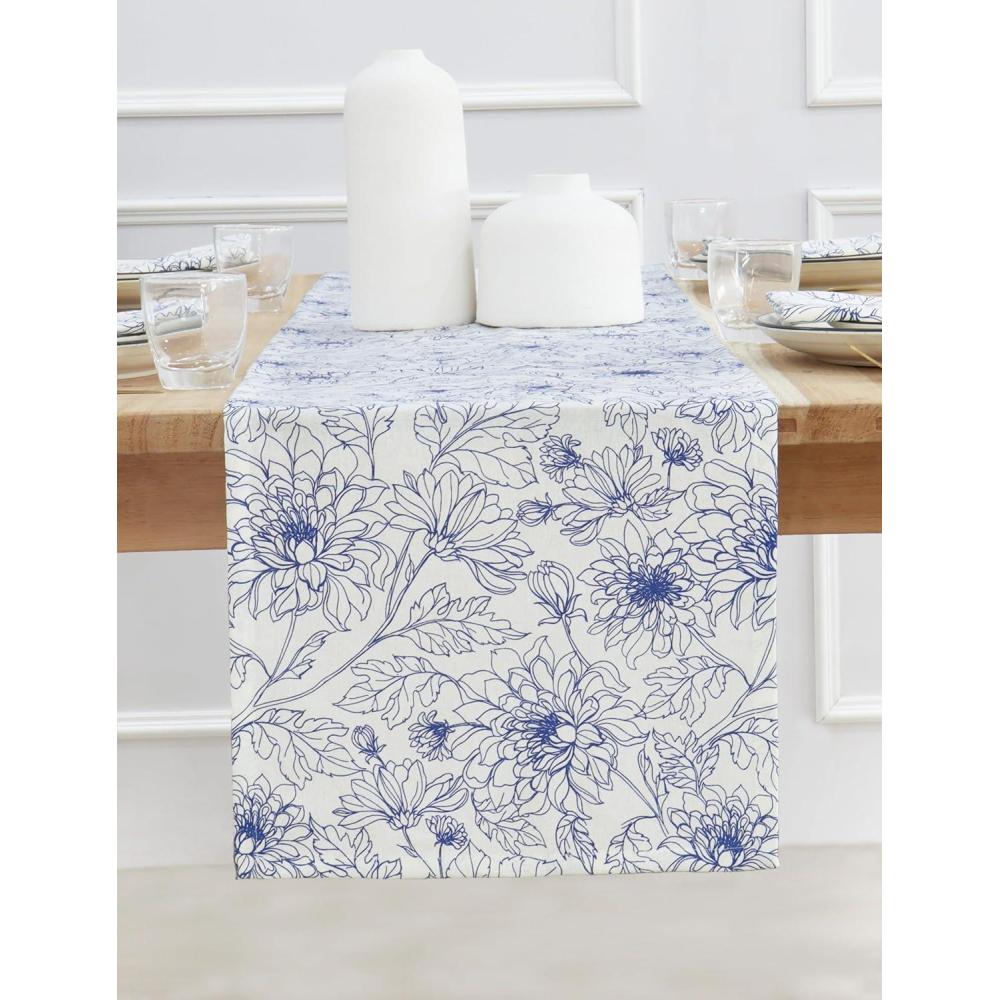 imagePurpleEssences Floral Table Runner  100 Cotton  for Seasonal Formhouse Kitchen and Dining Table Decor  Fall Thanksgiving  14 x 72 Inches  French Flower GardenBlue Floral