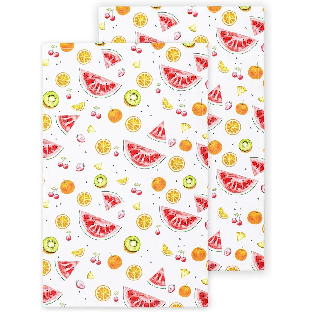 imagePurpleEssences Flour Sack Kitchen Towels  Set of 2 Summer Dish Towels with Hanging Loop 16x26 Inch Absorbent Reusable Cotton Cloths for Cleaning Cute Design Housewarming Gift  French Flower GardenMelon Hue