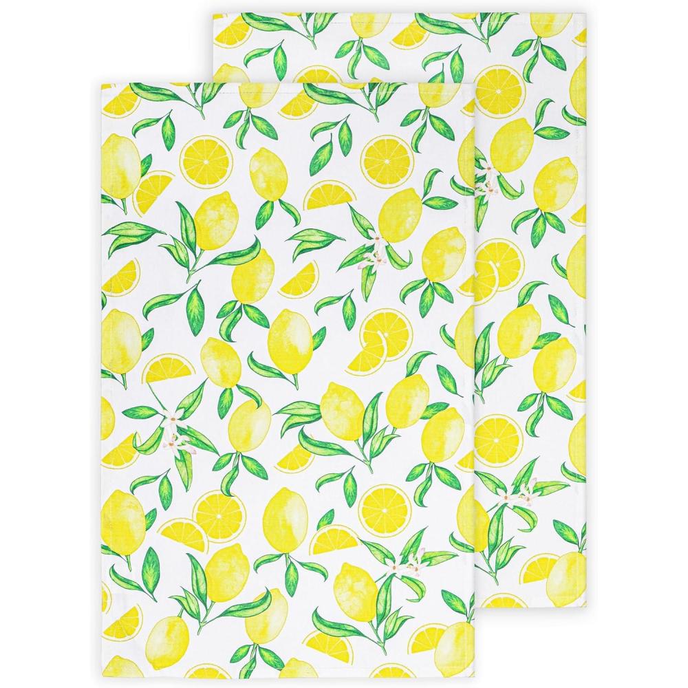 imagePurpleEssences Flour Sack Kitchen Towels  Set of 2 Summer Dish Towels with Hanging Loop 16x26 Inch Absorbent Reusable Cotton Cloths for Cleaning Cute Design Housewarming Gift  French Flower GardenVibrant Lemon