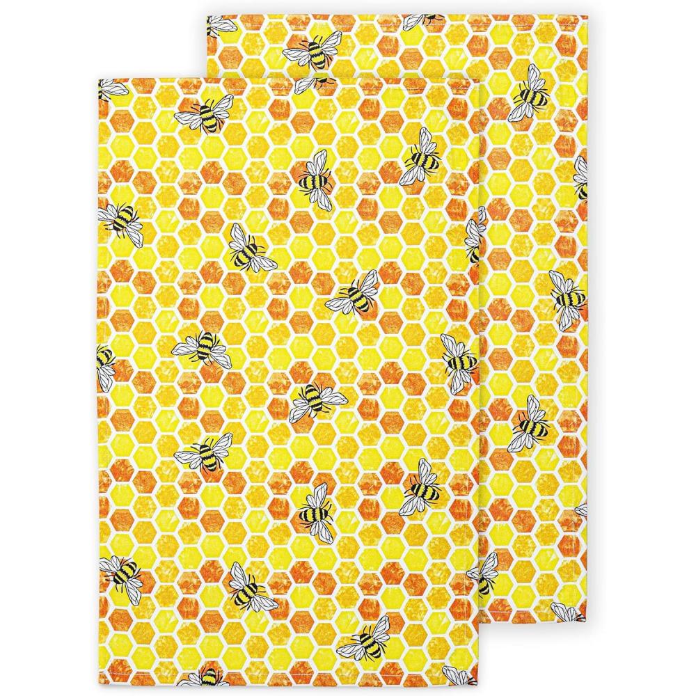 imagePurpleEssences Flour Sack Kitchen Towels  Set of 2 Summer Dish Towels with Hanging Loop 16x26 Inch Absorbent Reusable Cotton Cloths for Cleaning Cute Design Housewarming Gift  French Flower GardenHoney Comb Bee