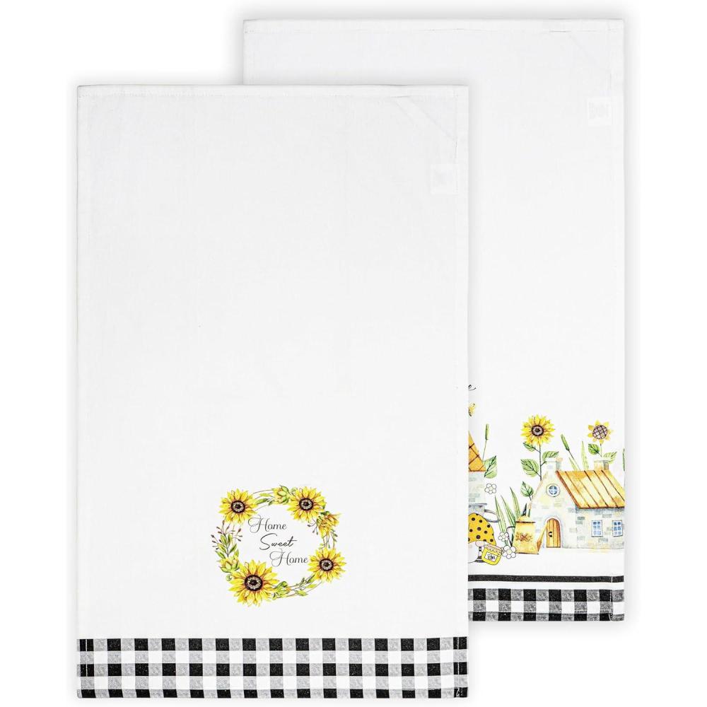 imagePurpleEssences Flour Sack Kitchen Towels  Set of 2 Summer Dish Towels with Hanging Loop 16x26 Inch Absorbent Reusable Cotton Cloths for Cleaning Cute Design Housewarming Gift  French Flower GardenGnome Sunflower