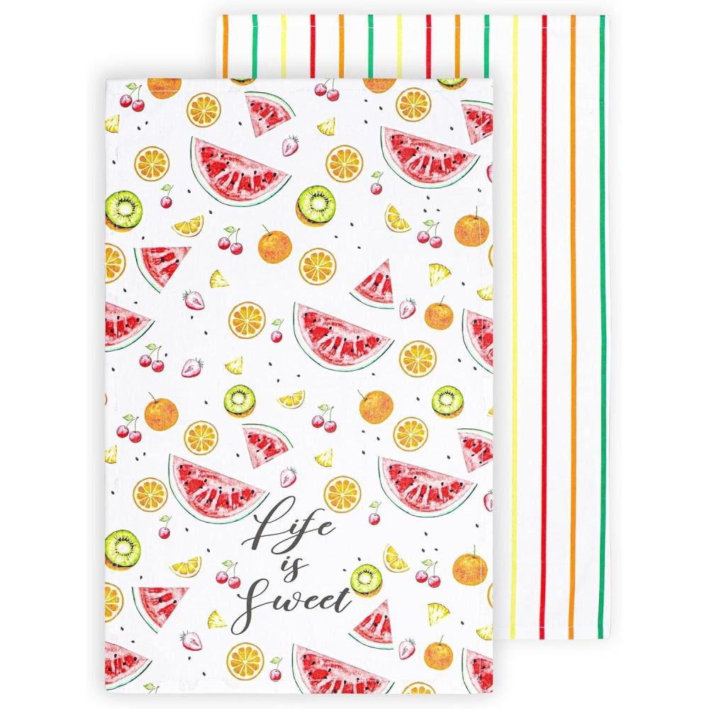 imagePurpleEssences Flour Sack Kitchen Towels  Set of 2 Summer Dish Towels with Hanging Loop 16x26 Inch Absorbent Reusable Cotton Cloths for Cleaning Cute Design Housewarming Gift  French Flower GardenLife is Sweet