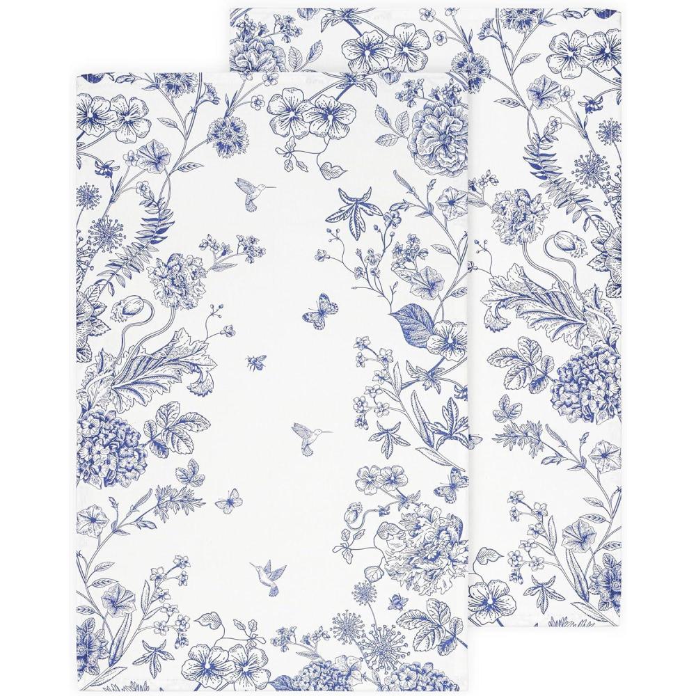 imagePurpleEssences Flour Sack Kitchen Towels  Set of 2 Summer Dish Towels with Hanging Loop 16x26 Inch Absorbent Reusable Cotton Cloths for Cleaning Cute Design Housewarming Gift  French Flower GardenFrench Flower Garden