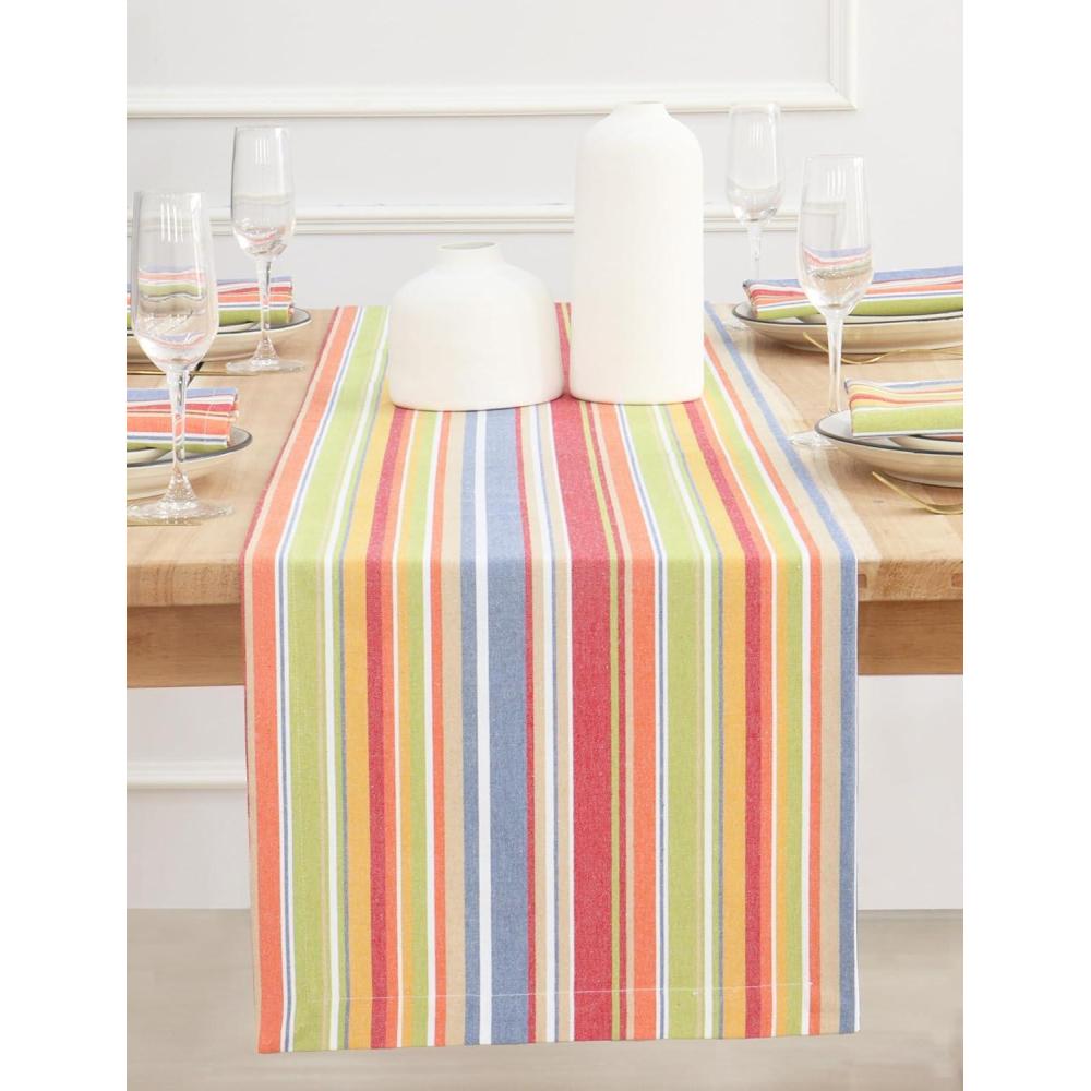 imagePurpleEssences French Striped Table Runner 72 inches Long Stripe Runner 14 x 72 Inch 100 Cotton  Durable Washable Fabric for Fall Thanksgiving  HWhite and Nut BrownStripe  Multi Colour
