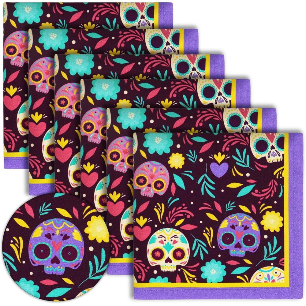 imagePurpleEssences Halloween Cloth Napkins Set of 6 100 Cotton Napkins 18x18 Inch Soft Durable Fabric Napkins White Cloth Napkins for Halloween Luncheon Dinner BatDay of the Dead