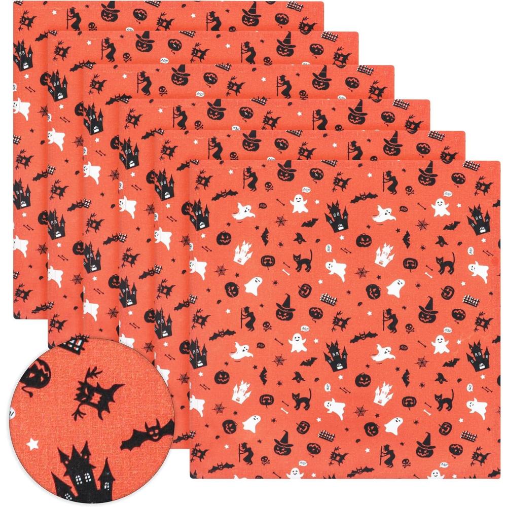 imagePurpleEssences Halloween Cloth Napkins Set of 6 100 Cotton Napkins 18x18 Inch Soft Durable Fabric Napkins White Cloth Napkins for Halloween Luncheon Dinner BatHaunted House