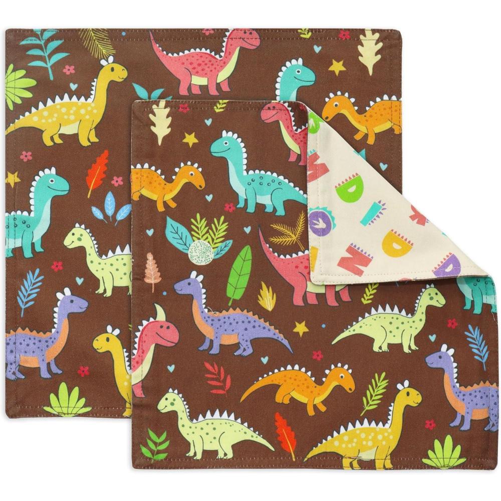 imagePurpleEssences Kids Reusable Cloth Napkins  2Ply Reversible  Thick Absorbent Cotton  Set of 2 12x12  Ideal for Lunch  ButterflyDinosaurs Alpha