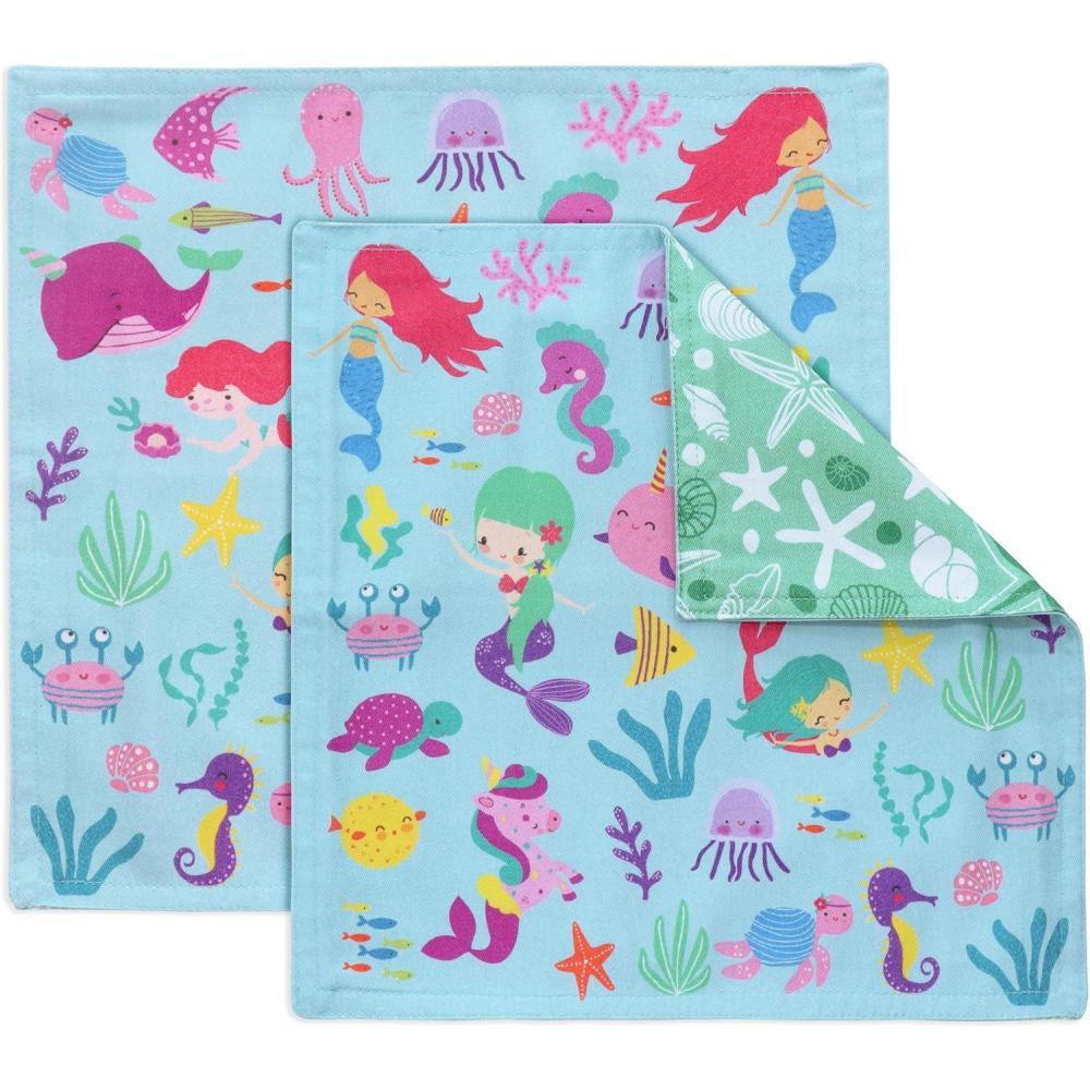 imagePurpleEssences Kids Reusable Cloth Napkins  2Ply Reversible  Thick Absorbent Cotton  Set of 2 12x12  Ideal for Lunch  ButterflyMermaid