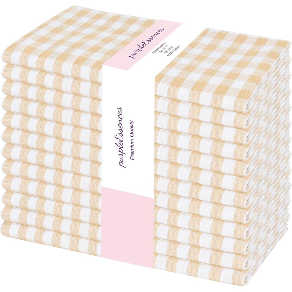 imagePurpleEssences Mini Gingham Check Dinner Cloth Napkin  Fall Thanksgiving  Mitered Corners  Set of 12100 Cotton  18x18 Inch  Reusable Washable  Beige and WhiteBeige White