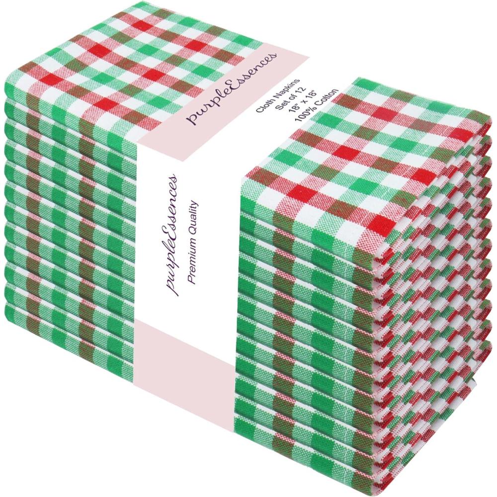 imagePurpleEssences Mini Gingham Check Dinner Cloth Napkin  Fall Thanksgiving  Mitered Corners  Set of 12100 Cotton  18x18 Inch  Reusable Washable  Beige and WhiteRed Green White