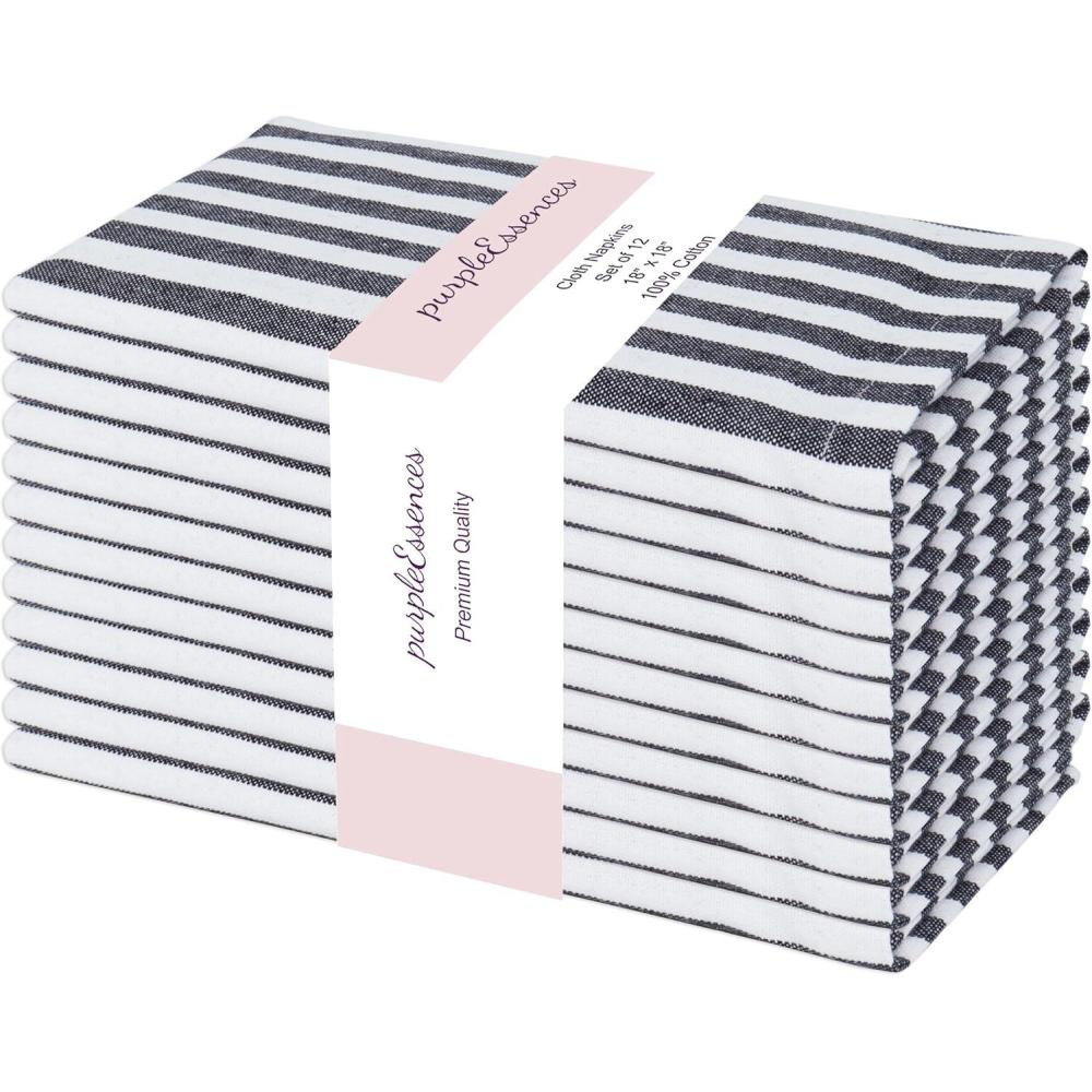 imagePurpleEssences Plain Striped Cloth Napkins  Set of 12100 Cotton  18 x 18 Inch  Fall Thanksgiving  Perfect Everyday Use Dinner Napkin  Aqua Blue WhiteBlack White