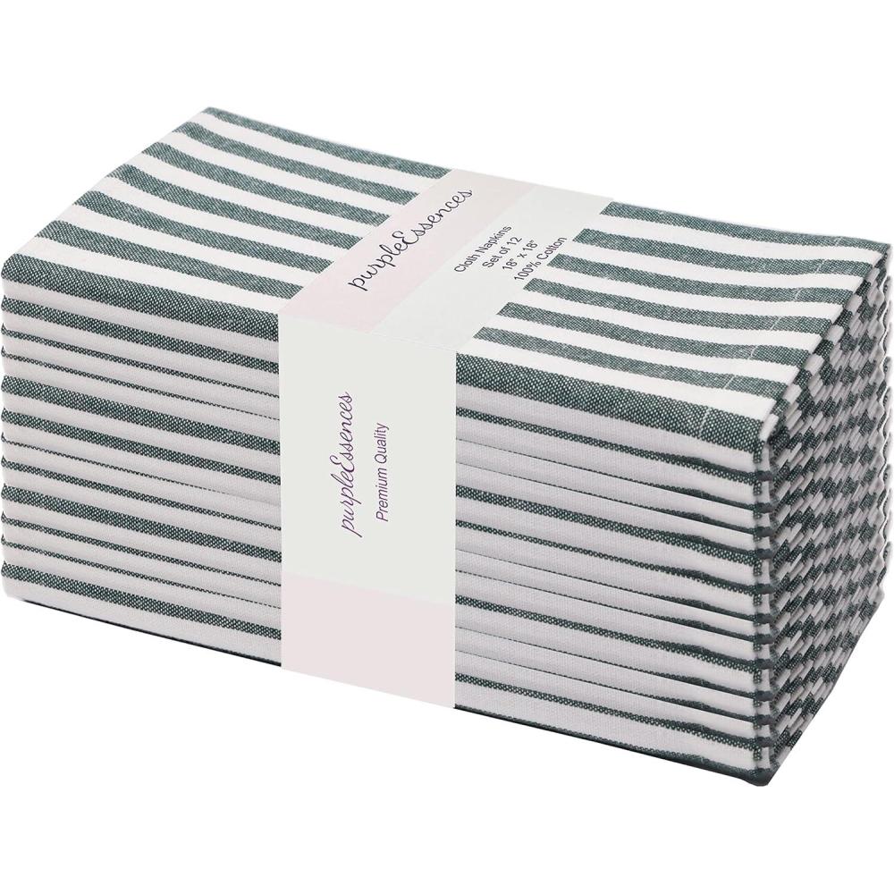 imagePurpleEssences Plain Striped Cloth Napkins  Set of 12100 Cotton  18 x 18 Inch  Fall Thanksgiving  Perfect Everyday Use Dinner Napkin  Aqua Blue WhiteForest Green White