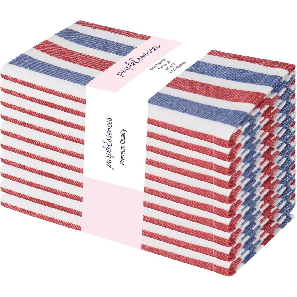 imagePurpleEssences Plain Striped Cloth Napkins  Set of 12100 Cotton  18 x 18 Inch  Fall Thanksgiving  Perfect Everyday Use Dinner Napkin  Aqua Blue WhiteRed Blue White