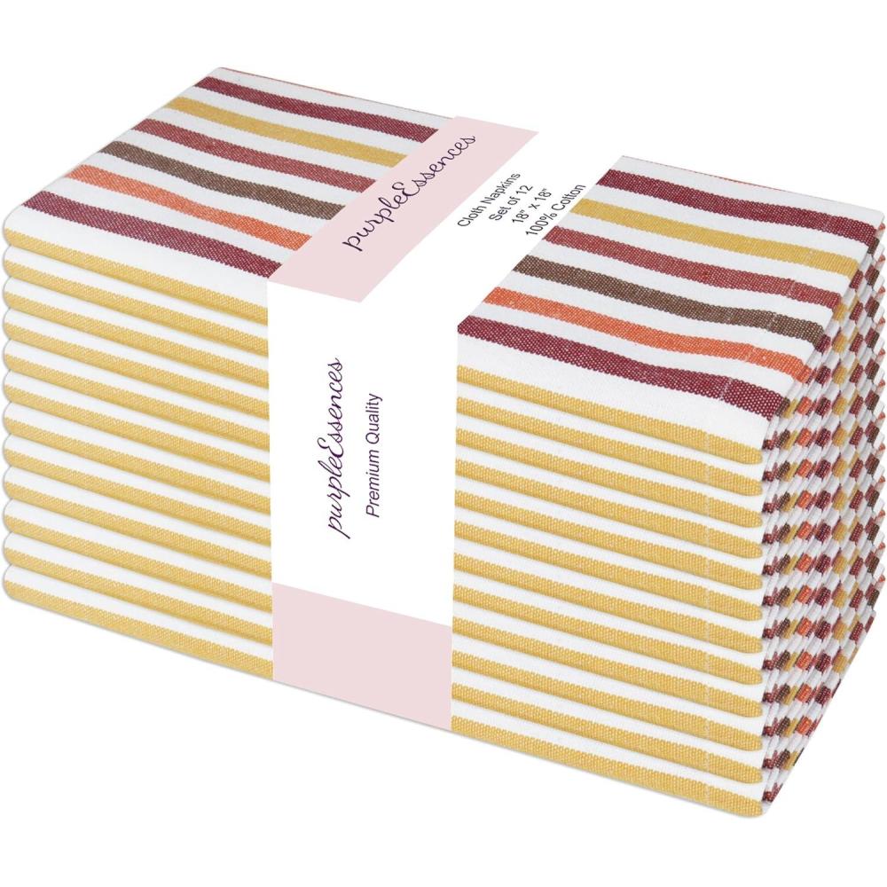 imagePurpleEssences Plain Striped Cloth Napkins  Set of 12100 Cotton  18 x 18 Inch  Fall Thanksgiving Halloween  Perfect Everyday Use Dinner Napkin  Black and WhiteFall