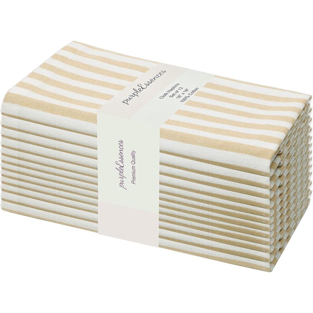 imagePurpleEssences Plain Striped Cloth Napkins  Set of 12100 Cotton  18 x 18 Inch  Fall Thanksgiving Halloween  Perfect Everyday Use Dinner Napkin  Black and WhiteBeige White