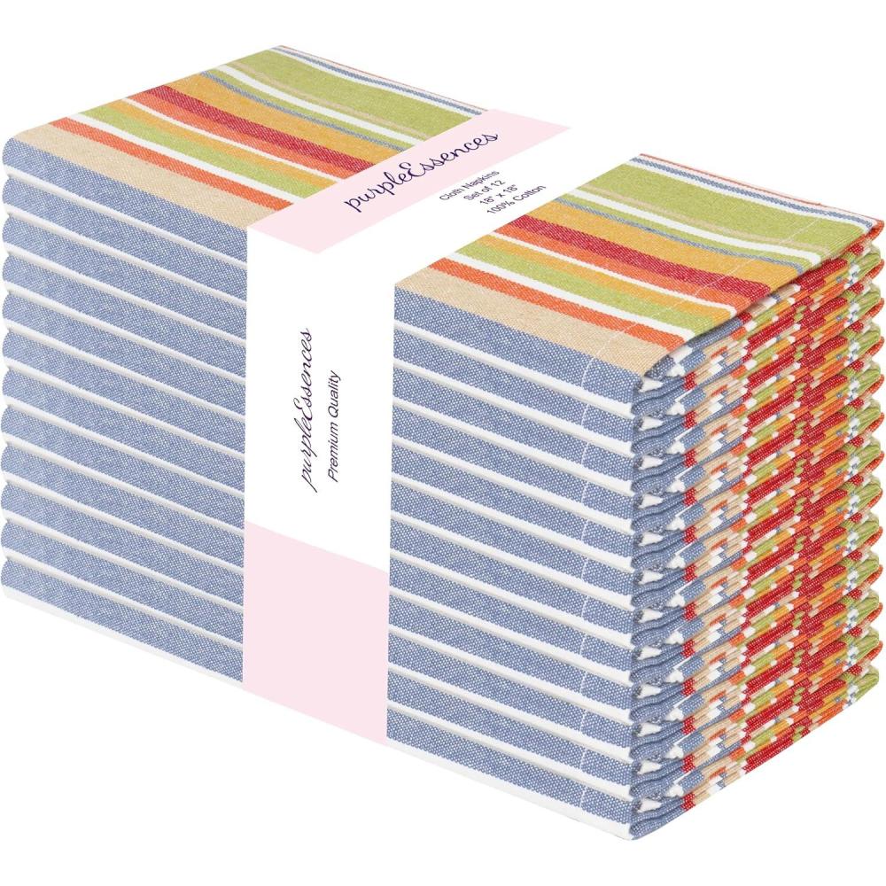 imagePurpleEssences Plain Striped Cloth Napkins  Set of 12100 Cotton  18 x 18 Inch  Fall Thanksgiving Halloween  Perfect Everyday Use Dinner Napkin  Black and WhiteMulticolor