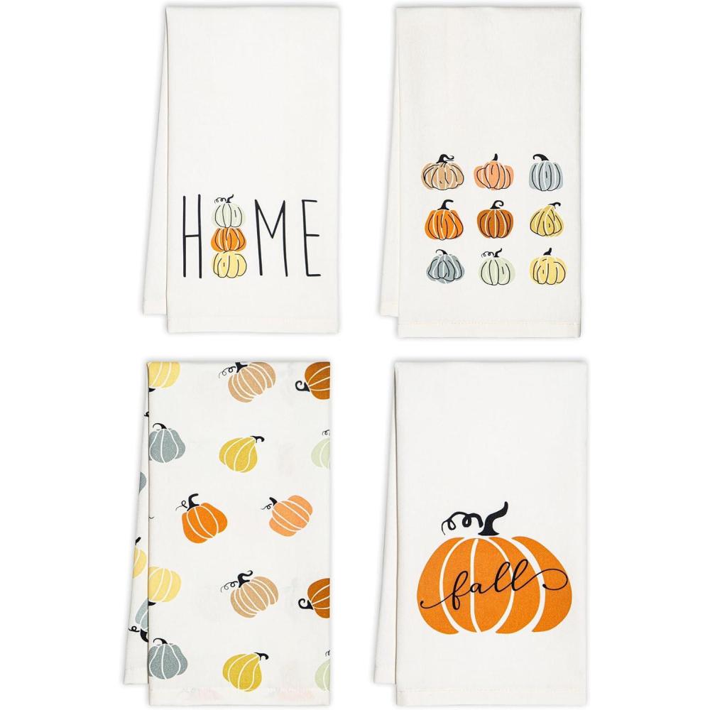 imagePurpleEssences Pumpkin Cotton Kitchen Towels Set of 4  Absorbent Dish Towels Set Tea Towels Bar Towels Multi Purpose Kitchen Linen Drying Dish Hand Towels 16 x 26 Inch  Fall Home