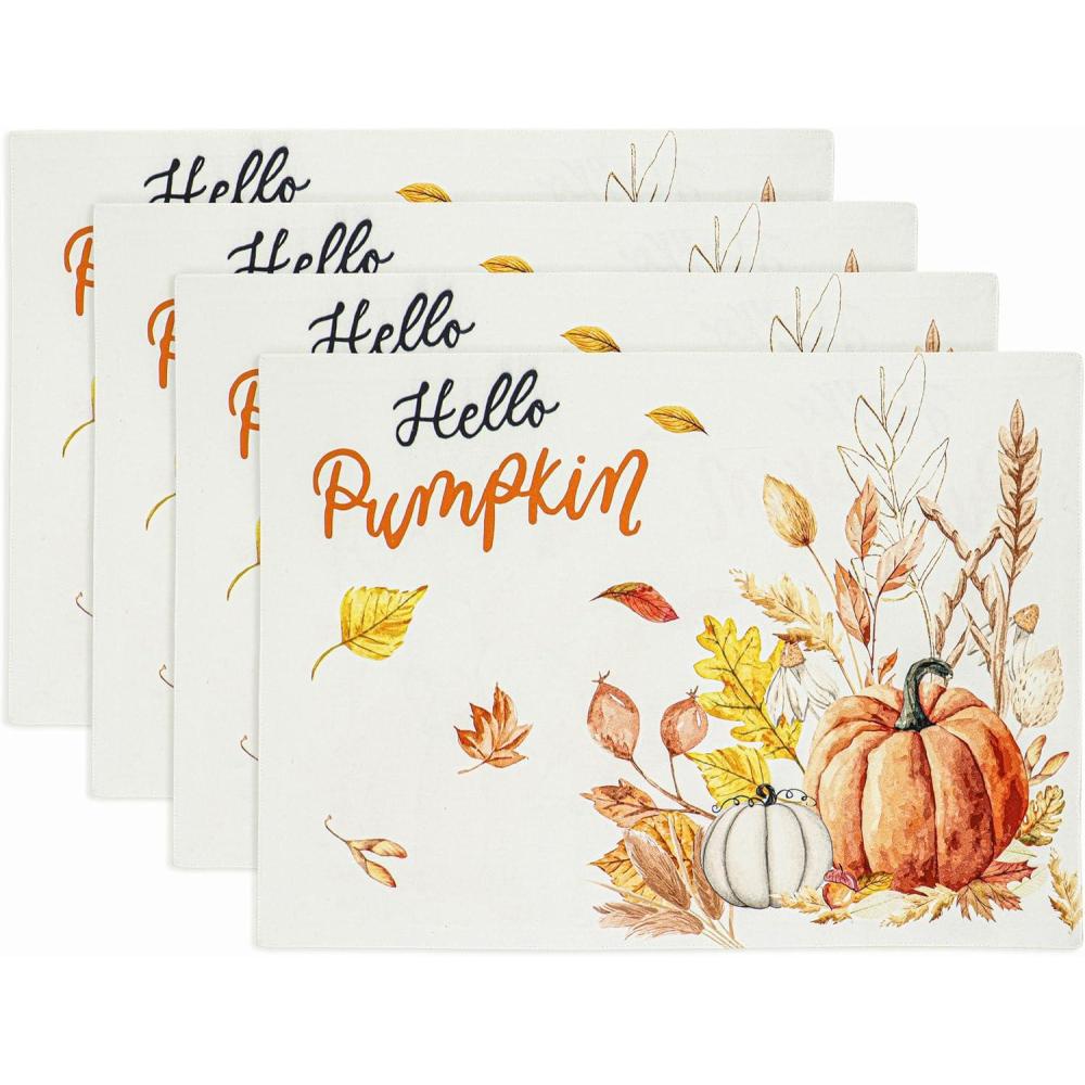 imagePurpleEssences Pumpkin Table Placemats Set of 4 13x19 Inch Cotton Washable Cloth Table Mats Ideal for Fall Thanksgiving Harvest Table Dcor with Festive Charm  Pumpkin Plaid OrangeHello Pumpkin  Orange