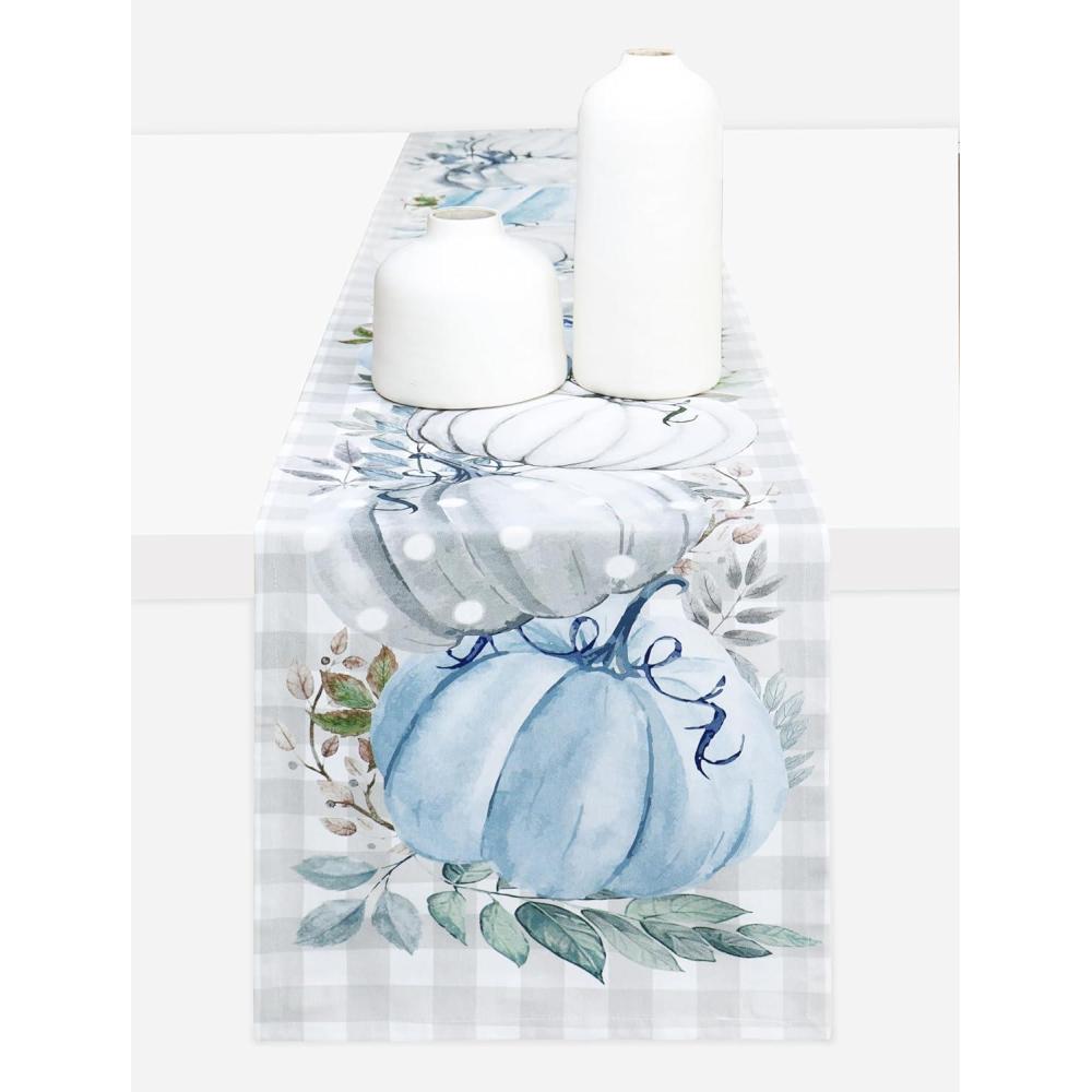 imagePurpleEssences Pumpkin Table Runner Cotton 13x72 Inch Autumn Table Runner for Fall Outdoor ampamp Indoor Party Thanksgiving Table Runners for Kitchen Dining Table  Pumpkin Stack Plaid BluePumpkin Stack Plaid Blue