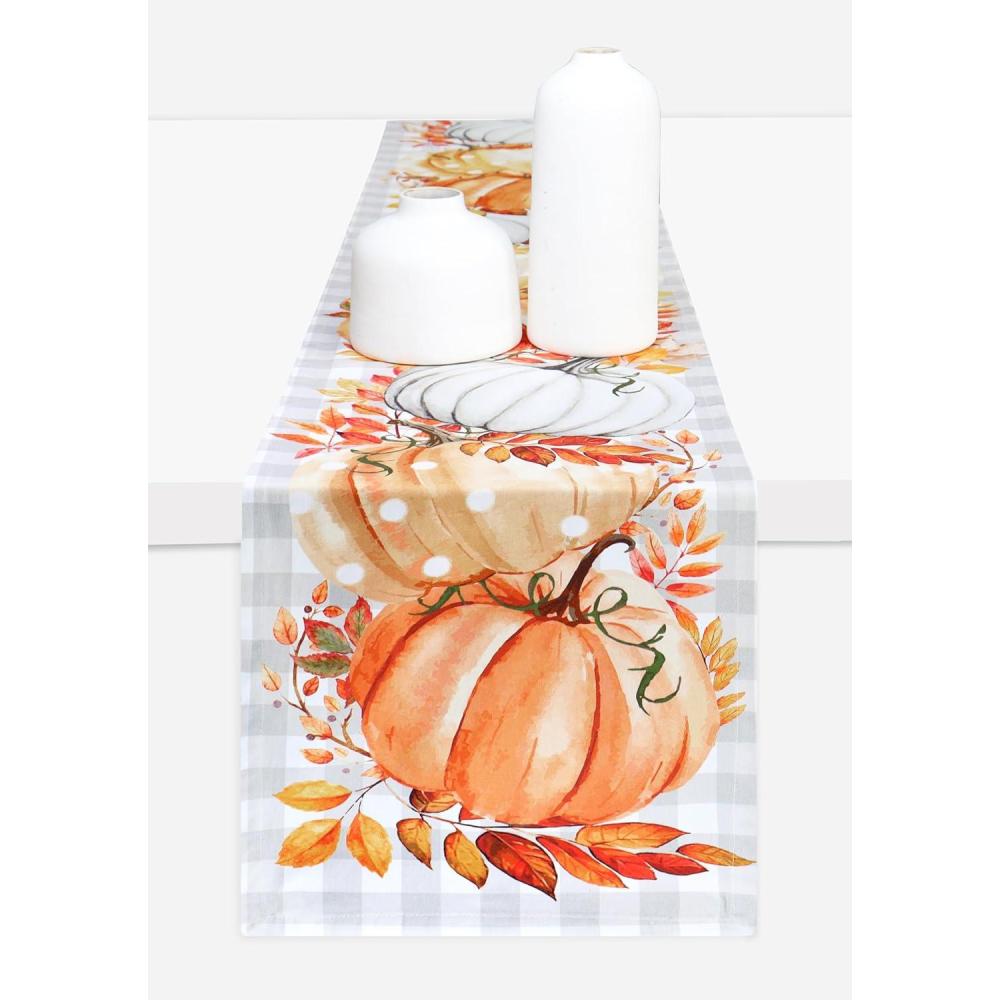 imagePurpleEssences Pumpkin Table Runner Cotton 13x72 Inch Autumn Table Runner for Fall Outdoor ampamp Indoor Party Thanksgiving Table Runners for Kitchen Dining Table  Pumpkin Stack Plaid BluePumpkin Stack Plaid Orange
