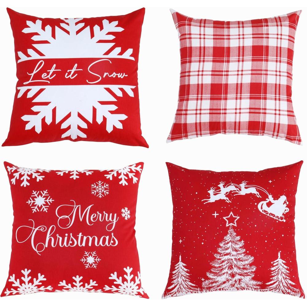 imagePurpleEssences Red Throw Pillow Covers 18 x 18 Inch Christmas Winter Holiday Cushion Case Decoration for Sofa Couch Set of 4  Red  DeerSnowmanMerry ChristmasBrightRed  Merry ChristmasSnowSantaChecks