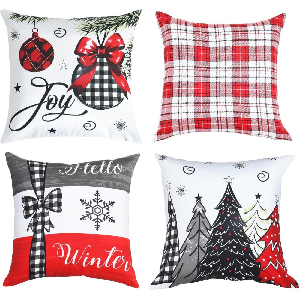 imagePurpleEssences Red Throw Pillow Covers 18 x 18 Inch Christmas Winter Holiday Cushion Case Decoration for Sofa Couch Set of 4  Red  DeerSnowmanMerry ChristmasBrightRed  Tartan PlaidJoyHello WinterTree