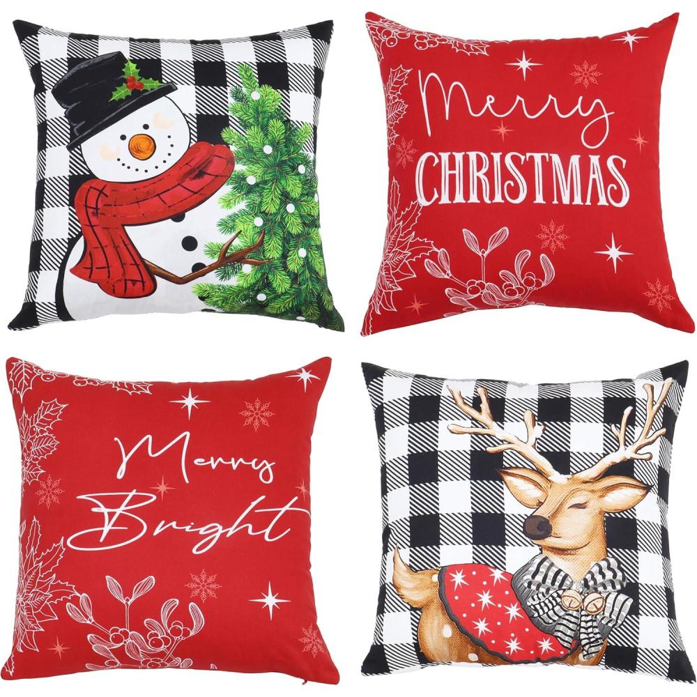 imagePurpleEssences Red Throw Pillow Covers 18 x 18 Inch Christmas Winter Holiday Cushion Case Decoration for Sofa Couch Set of 4  Red  DeerSnowmanMerry ChristmasBrightRed  DeerSnowmanMerry ChristmasBright