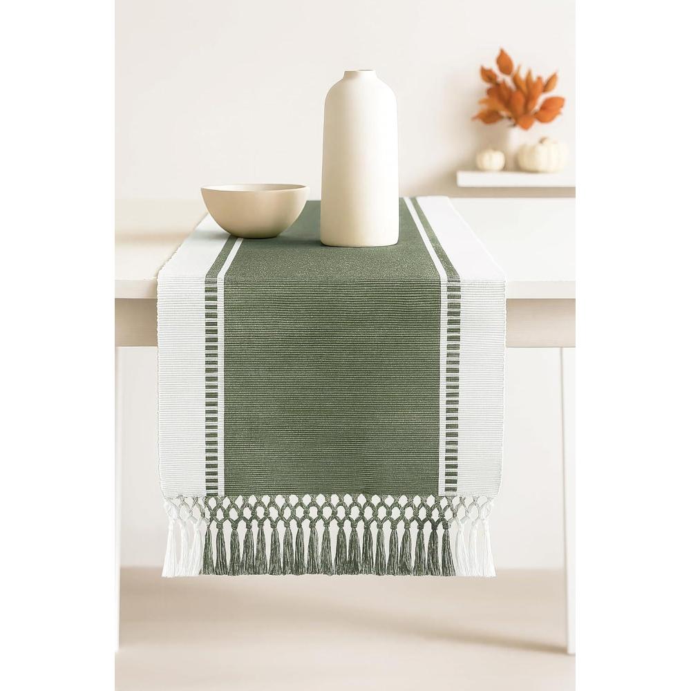 imagePurpleEssences Rust Table Runner  Wide with Dobby Stripe Heavy Ribbed Weave ampamp Double Knot Fringes 14x90 Inch 14x955 with Fringes Boho Farmhouse Decor  Fall Thanksgiving  Rust and HWhiteArtichoke Green and Hwhite