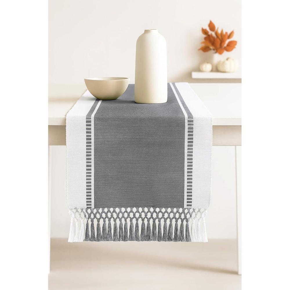 imagePurpleEssences Rust Table Runner  Wide with Dobby Stripe Heavy Ribbed Weave ampamp Double Knot Fringes 14x90 Inch 14x955 with Fringes Boho Farmhouse Decor  Fall Thanksgiving  Rust and HWhiteMineral Gray and Hwhite