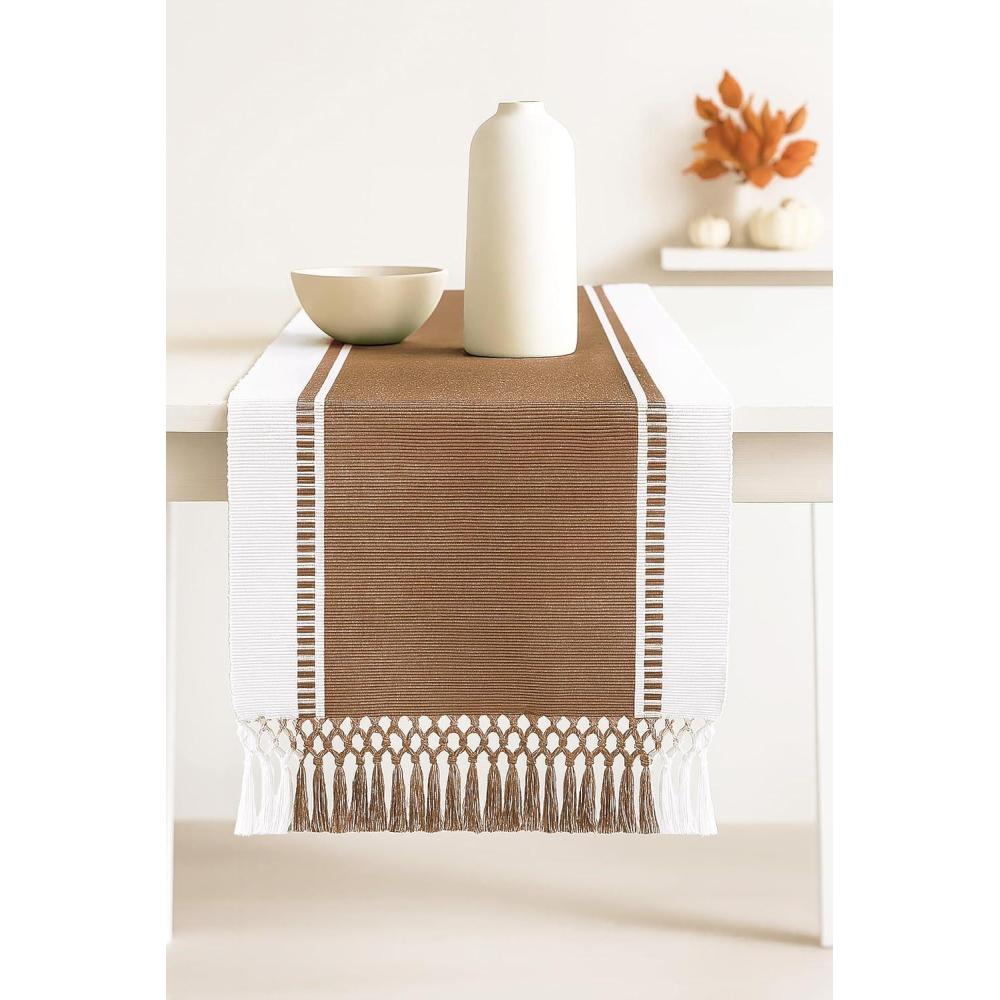 imagePurpleEssences Rust Table Runner  Wide with Dobby Stripe Heavy Ribbed Weave ampamp Double Knot Fringes 14x90 Inch 14x955 with Fringes Boho Farmhouse Decor  Fall Thanksgiving  Rust and HWhiteNut Brown and Hwhite